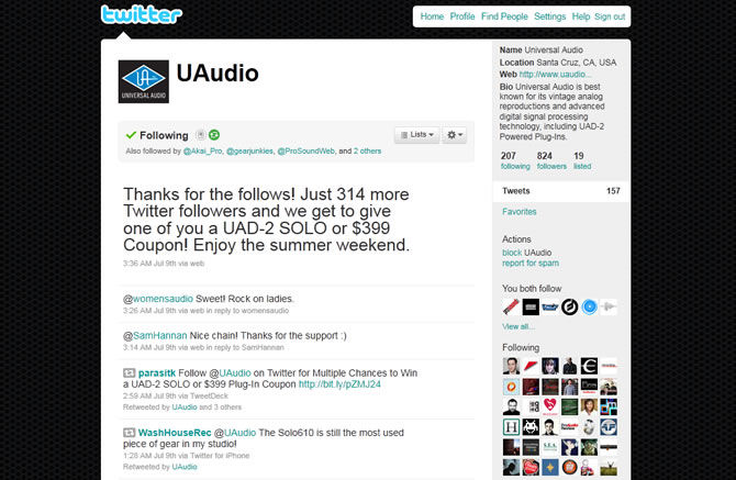 Follow Universal Audio on Twitter and you can win a UAD-2 Solo or $399 Plugin Coupon
